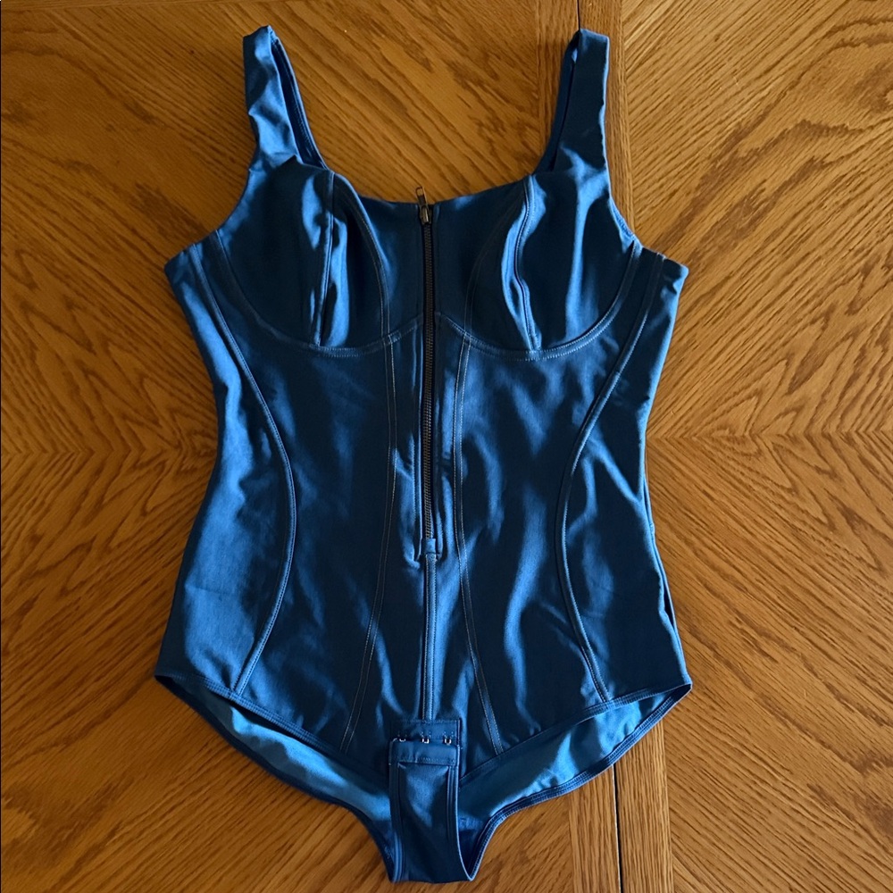 Structured Blue Women's Bodysuit with Front Zip